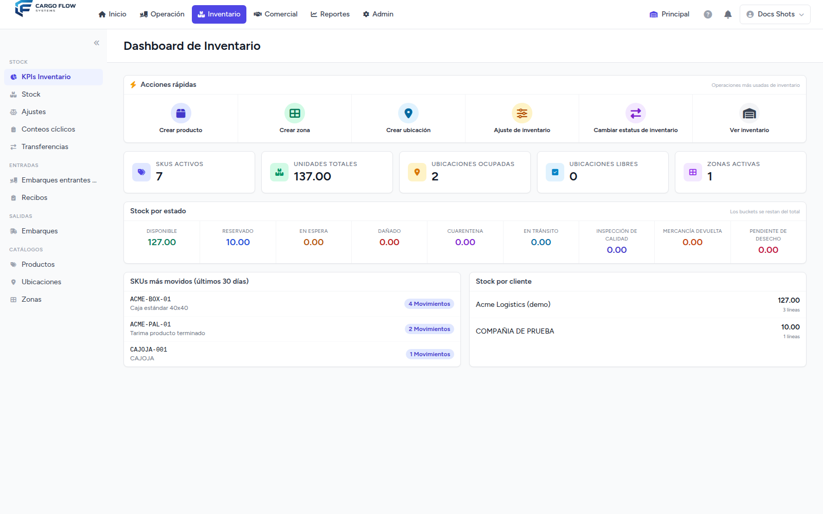 Panel de inventario con SKUs activos, unidades, stock por estado y por cliente