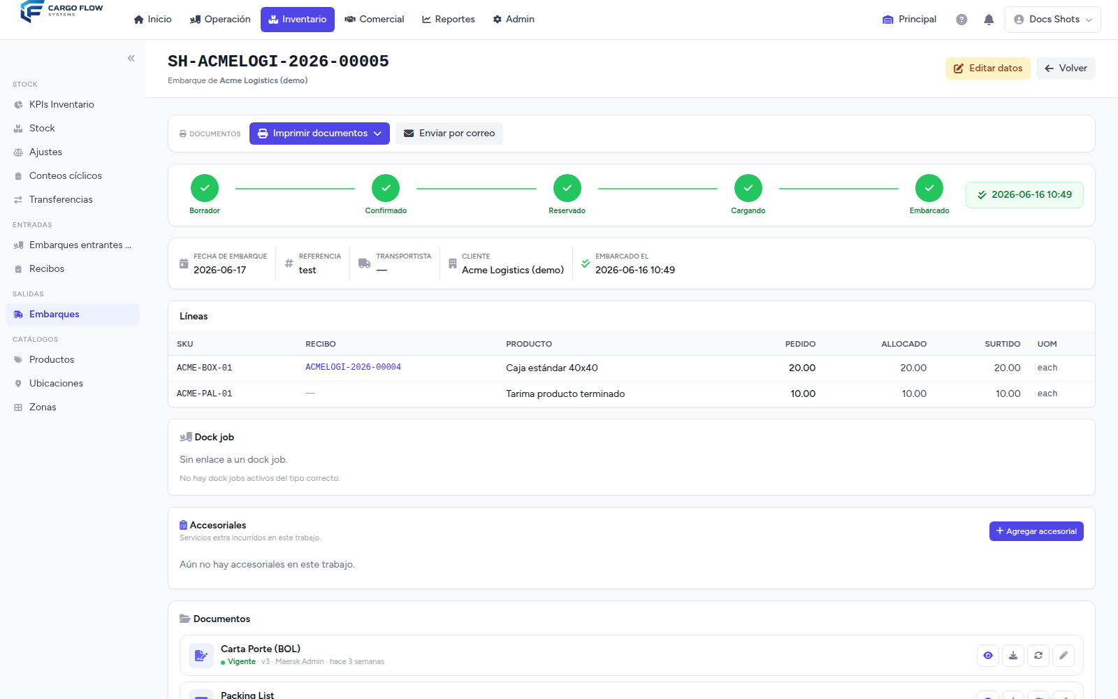 Detalle de embarque con línea de tiempo, líneas, dock job, accesoriales y documentos